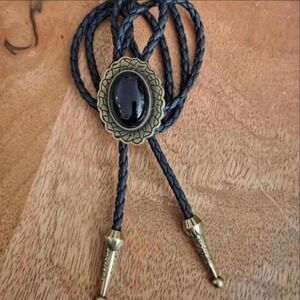Western Boho Gold Tone Black Center Bolo Tie Necklace Gift Jewelry Accessories